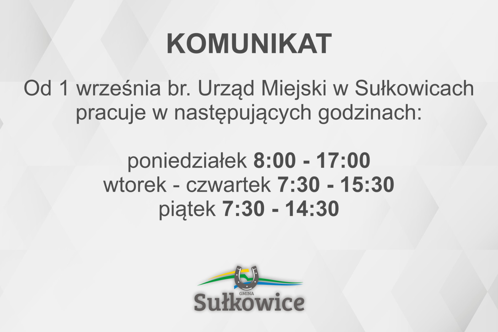 Zmiana godzin pracy Urzędu Miejskiego Gmina Sułkowice