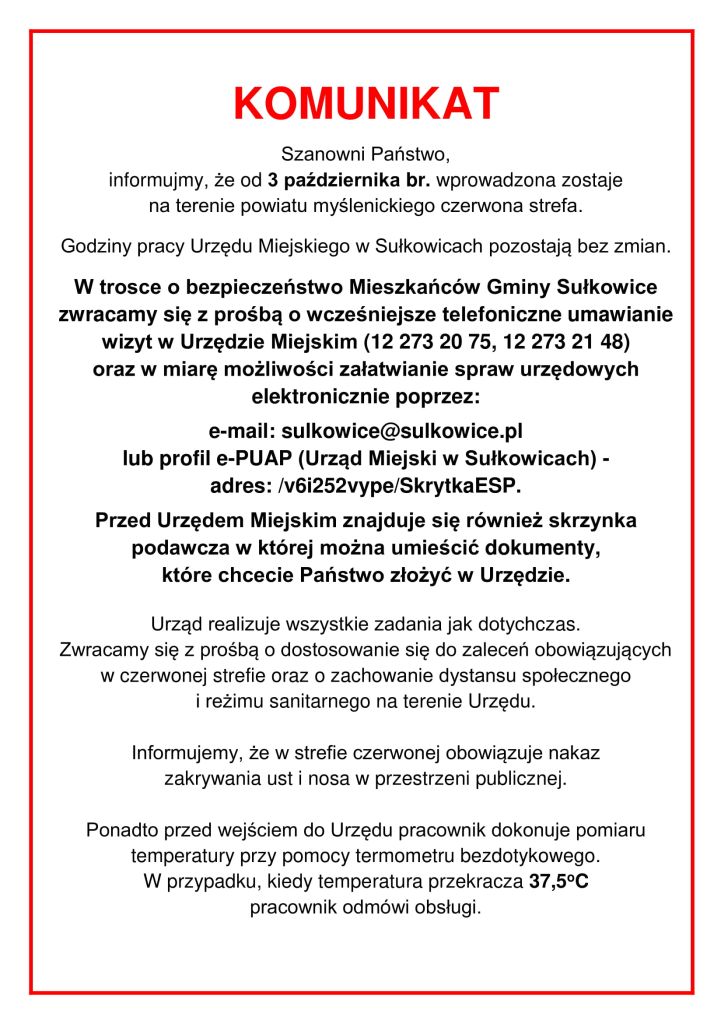 praca urzedu w czerwonej strefie, komunikat