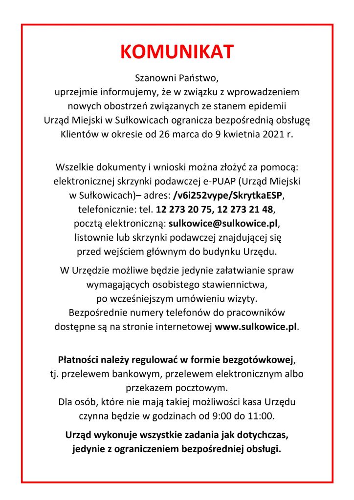 komunikat dotyczący pracy urzędu miejskiego w sułkowicach