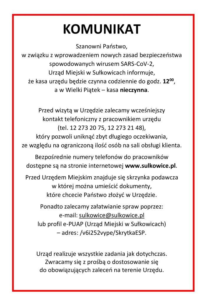 komunikat o pracy urzędu i dostępności kasy urzędu