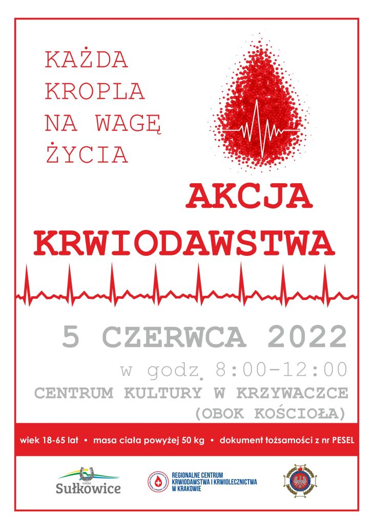 akcja krwiodawstwa 5 czerwca 2022 r. w Centrum Kultury w Krzywaczce