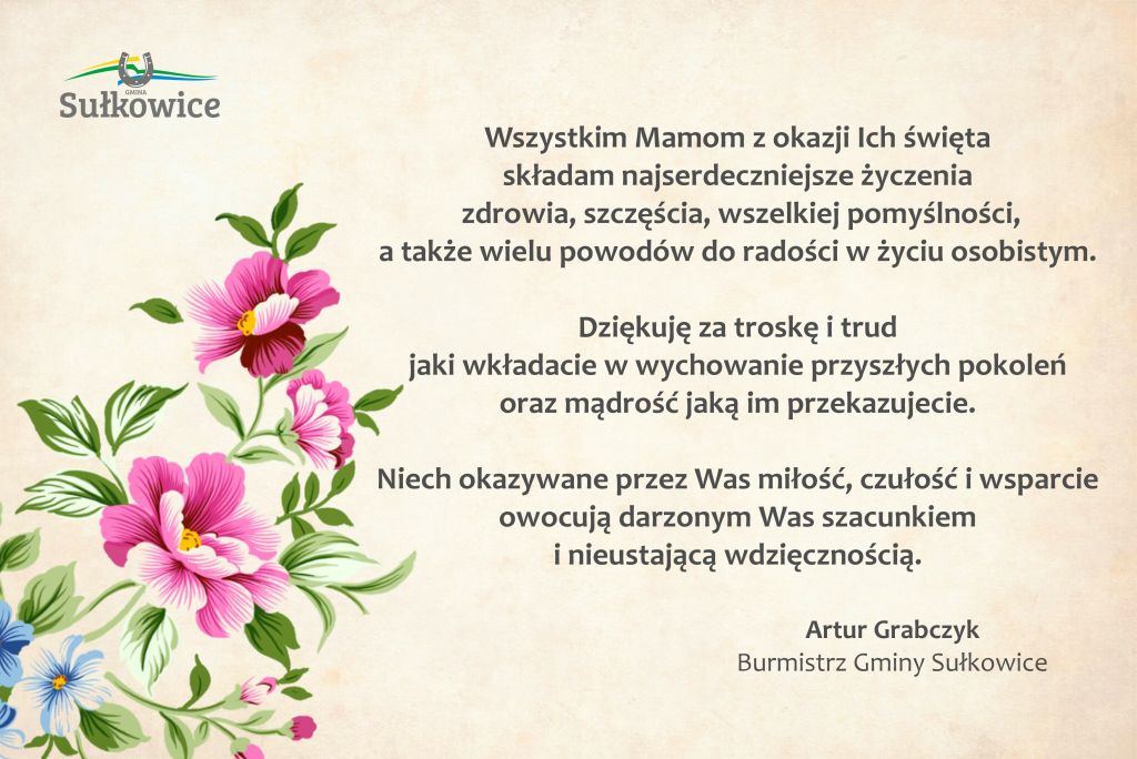 życzenia na dzień matki od burmistrza gminy sułkowice grafika z malowanymi kwiatami